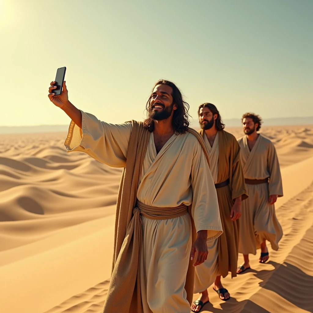 Jesus takes a selfie while crossing a desert with his disciples, iphone high quality