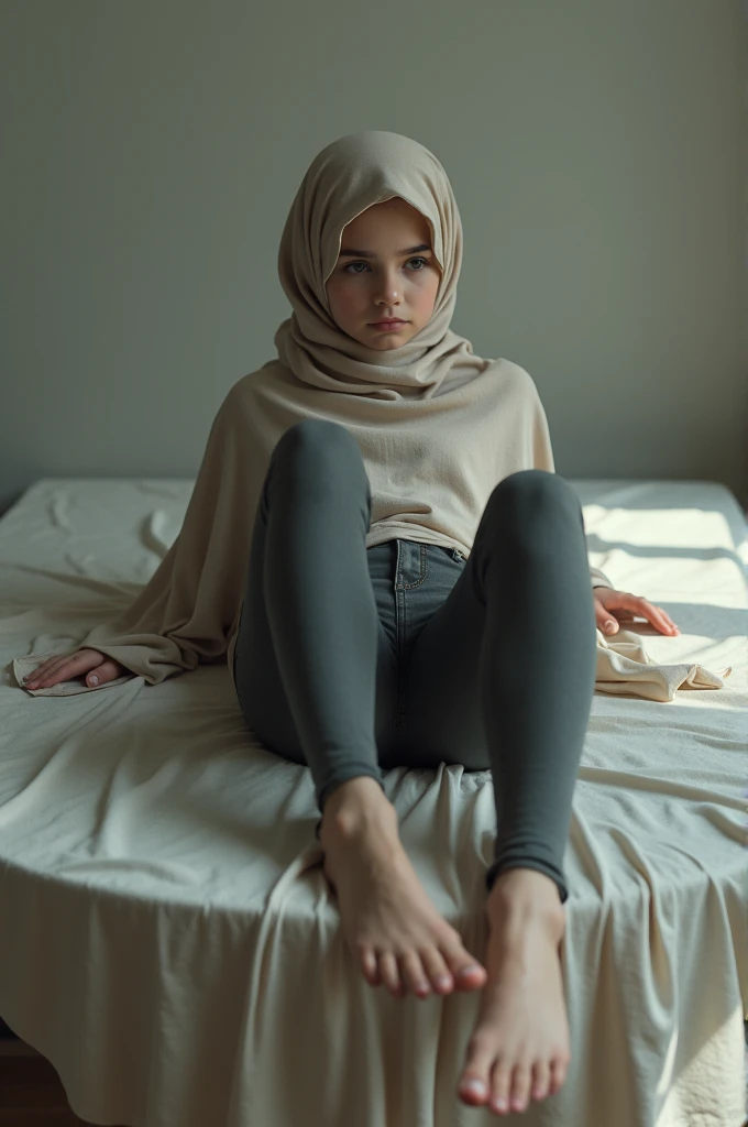 Girl in hijab lies on table young with legs spread in tights 
