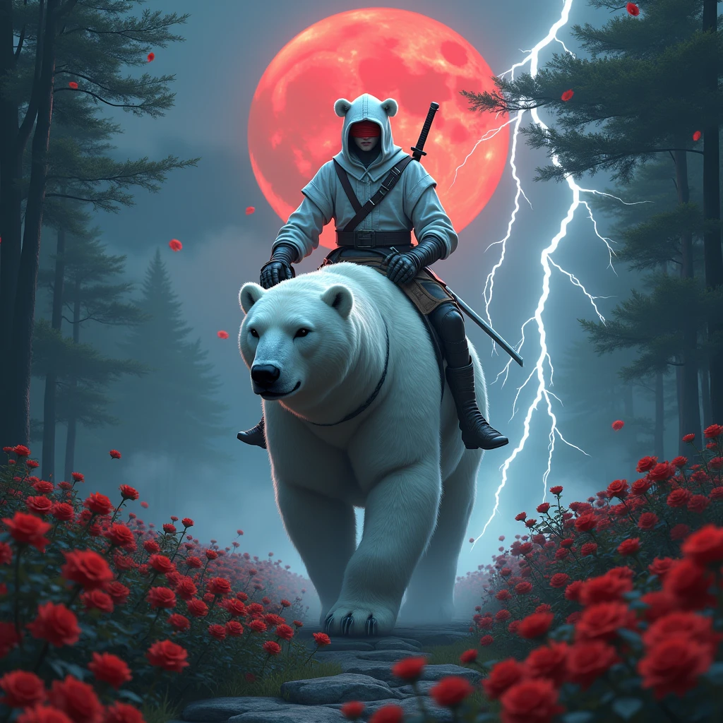 Godlike, in it a male knight with a white hood with bear ears and a katana at his back is riding a polar bear in a forest while the moon shines, many Roses cover the ground and lightning falls from the sky. Only the man wears a red blindfold. In the background of the picture is the blood moon.