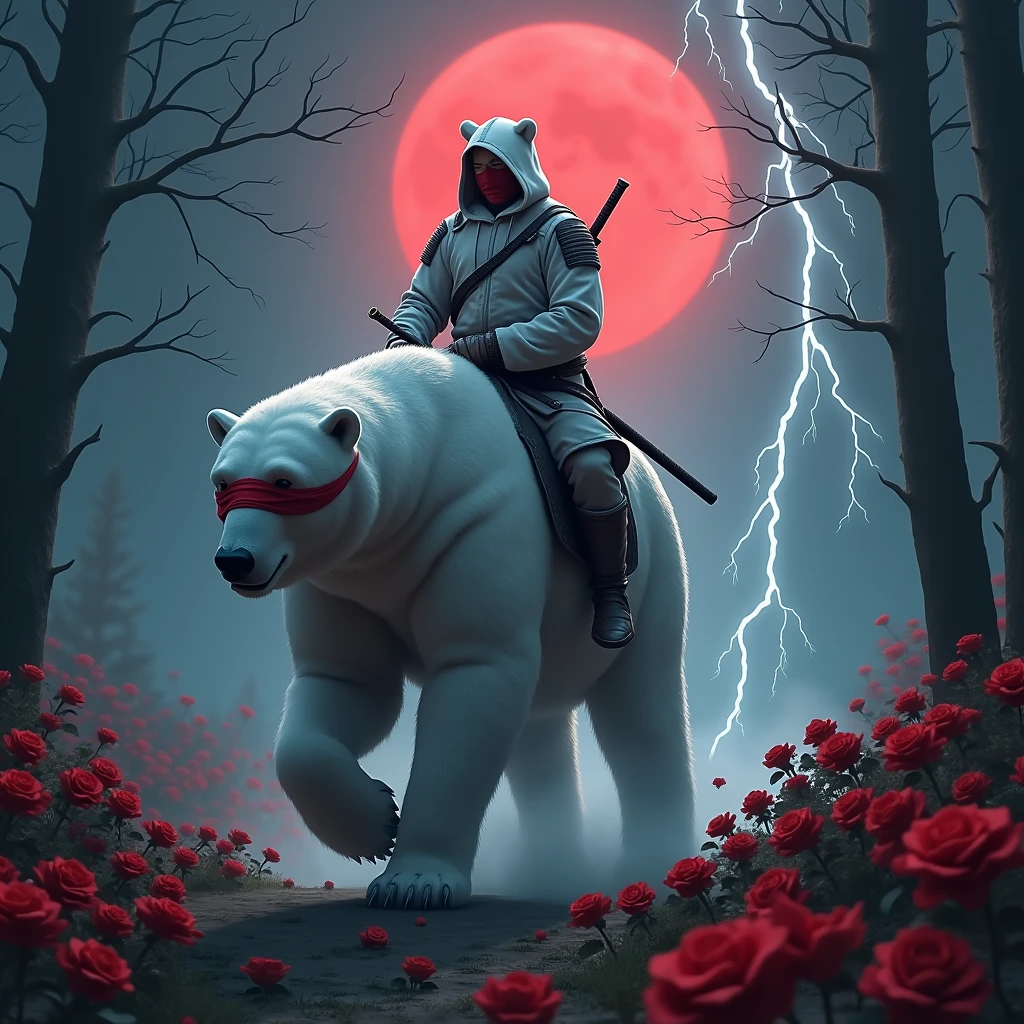 Godlike, in it a male knight with a white hood with bear ears and a katana at his back is riding a polar bear in a forest while the moon shines, many Roses cover the ground and lightning falls from the sky. Only the man wears a red blindfold. In the background of the picture is the blood moon.