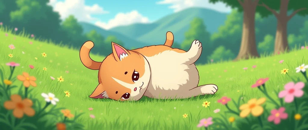 masterpiece,best quality, Kawaii Cat Rolling around on the grass, Studio Ghibli Inspired