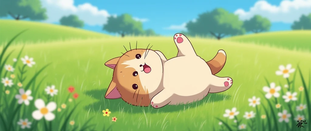 masterpiece,best quality, Kawaii Cat Rolling around on the grass, Studio Ghibli Inspired
