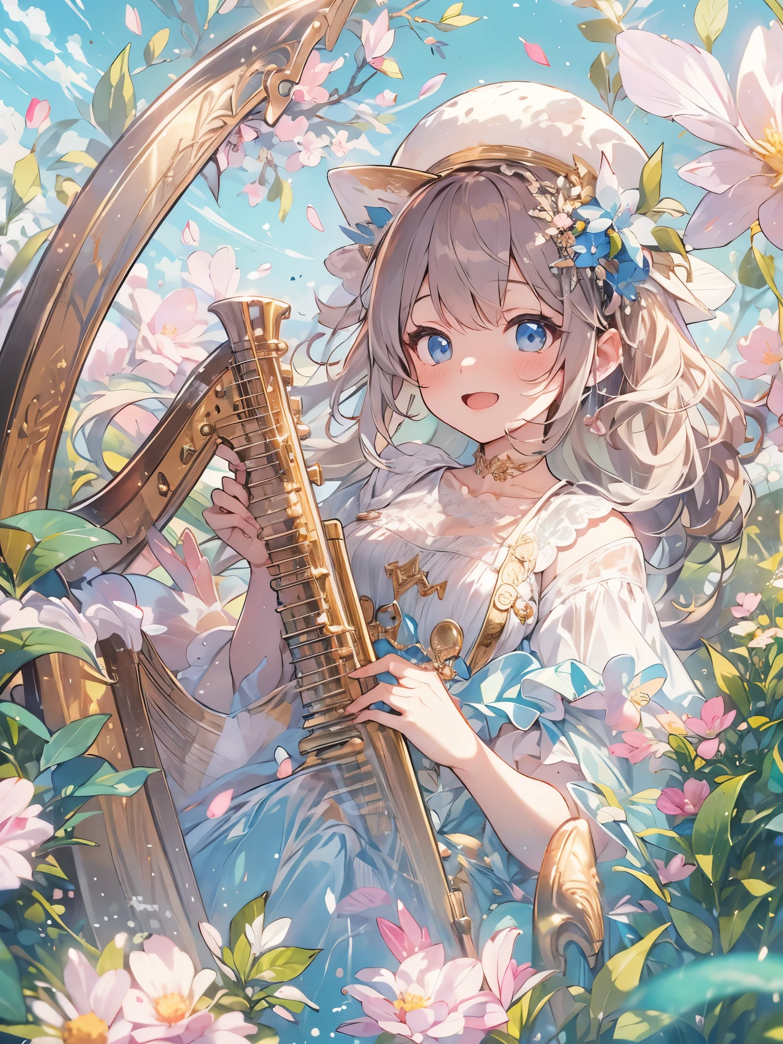 Highest quality、Highest quality、Ultra-detailed、(masterpiece:1.2),Very absurd、4K,8k,mysterious、Girl playing the harp、cute、Flower Field、The sunlight shines in and the petals fly up、Blue sky