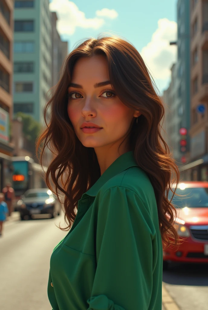 light-skinned Brazilian woman with brown hair and brown eyes in a green blouse on a sidewalk near a busy street with buildings and cars on the street 