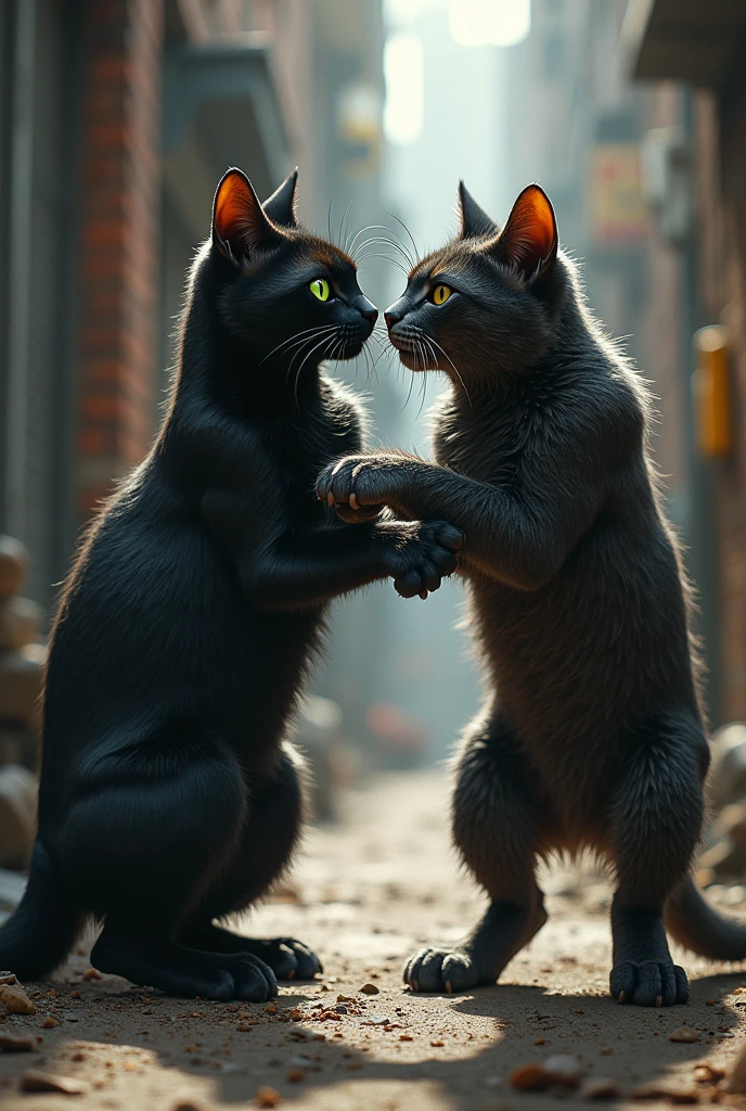 A black cat with green eyes scratching with another large stray cat