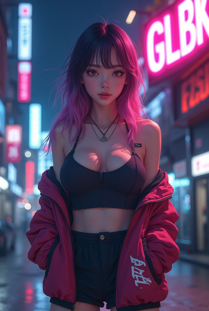 Create anime character; {background: HD capital text: “GLBK” in right-top, night}, white skin, realistic, HDR, beautiful, japan style, full body, J Cup breast, age 27, hoodie HD text: “Paik”, female, color Gradient hair, long hair