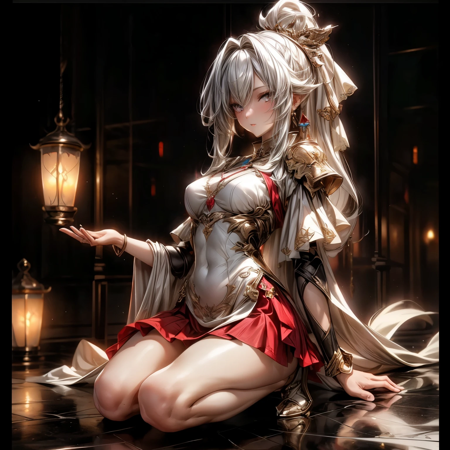 (best quality)), ((Masterpiece)), (details:1.4), 3d, HDR (high dynamic range), an image of a beautiful cyberpunk female, medieval, Black hair, High ponytail, Full body, Beautiful white eyes, จมูกโด่ง, ปากแดง, หน้าอกใหญ่, nvidia RTX, PBR surface, After processing, Anisotropic filtration,depth of field, Maximum clarity and clarity, multi-layered surface, Subsurface scattering, perfect proportions, 8K raw files, ultra detailed, Perfect proportions, volumetric lighting, soft lighting, Holy Paldin, Heavy Silver Armor, Golden dress, glossy skin, intricate Silver embroidery, Castle background, jewely, ต่างหู, นิ้วมือสมบูรณ์, mini Red skirt,