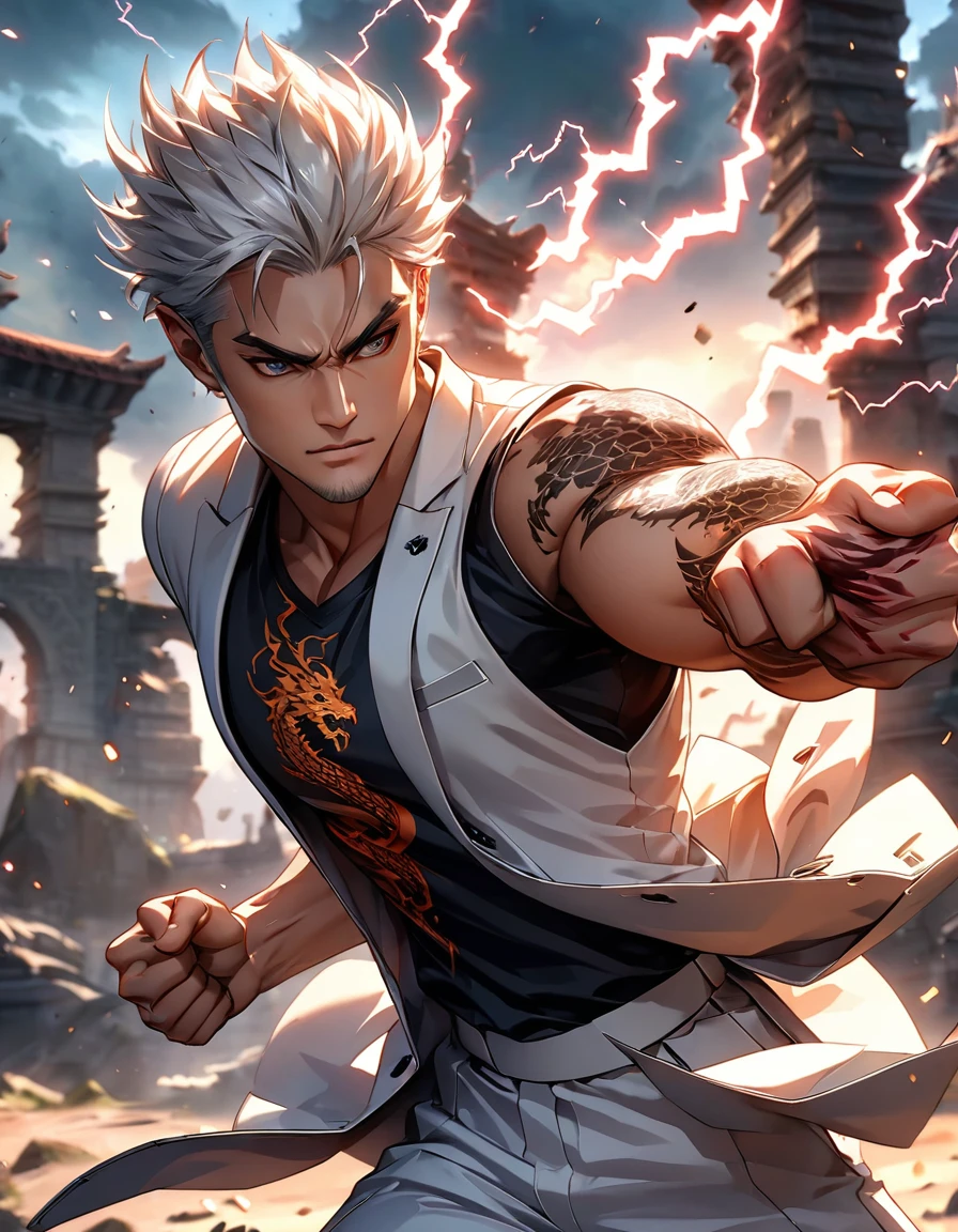 Strong man, muscular male fighter, ((wearing white tuxedo with dragon drawing on its backside)), ((dragon tattooed, dragon tattoo on body and arms, white haired handsome man:1.2)), Dramatic lighting, Chiaroscuro, Rough, Cinematic, (Super detailed), vibrant colors, Dramatic Shadows, Powerful, strong, Intimidating, Aggressive,. Intimidating, Authoritative, ((Intense combat action:1.2, Fighting Pose)), fantasy setting, battle Background, fist combat, ((lightning magic, lightning on his hands)), (Highest quality:1.2, Very detailed, up to date, Vibrant, Ultra-high resolution, masterpiece:1.2, Best aesthetics),