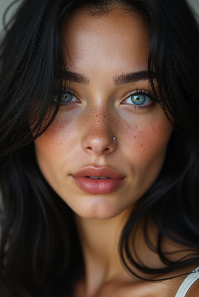 Femme 30 ans, cheveux long et noir, lisse, Des yeux bleu clair et gris, des taches de rousseurs, peau légèrement bronzé, cils long, bouche pulpeuse et rose, souriant en regardant en bas.