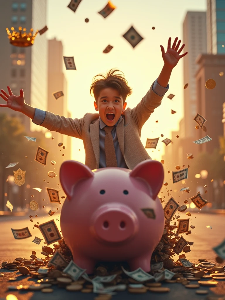 A determined young entrepreneur bursting out of a piggy bank, shattering it into pieces. Dollar bills and coins explode outward. Off-screen, a gleaming golden crown hovers. Background shows a city skyline at dawn. Hyper-realistic, dynamic lighting, K resolution.