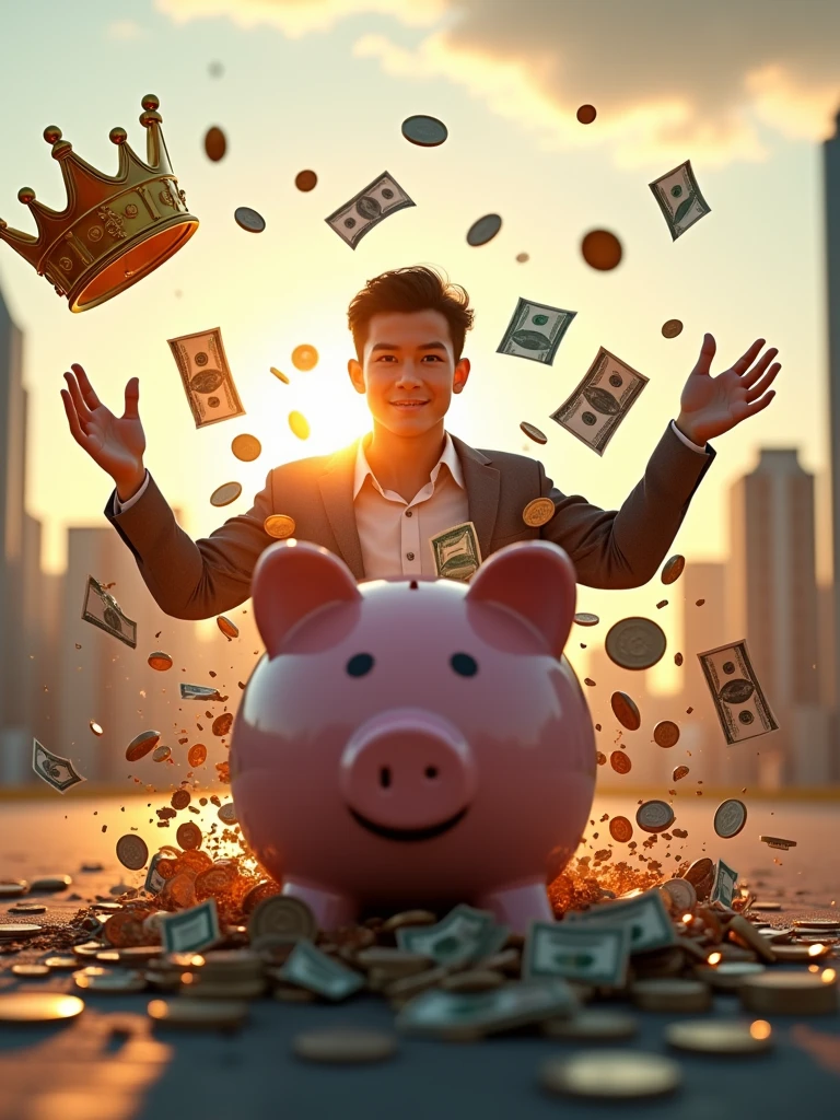 A determined young entrepreneur bursting out of a piggy bank, shattering it into pieces. Dollar bills and coins explode outward. Off-screen, a gleaming golden crown hovers. Background shows a city skyline at dawn. Hyper-realistic, dynamic lighting, K resolution.