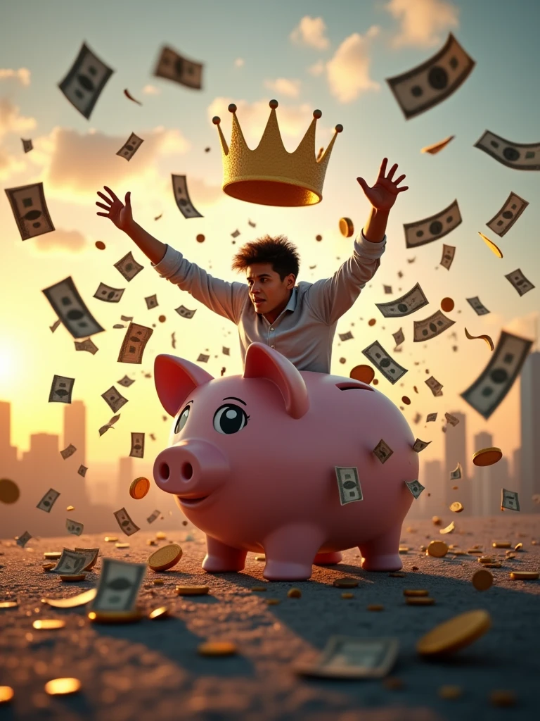 A determined young entrepreneur bursting out of a piggy bank, shattering it into pieces. Dollar bills and coins explode outward. Off-screen, a gleaming golden crown hovers. Background shows a city skyline at dawn. Hyper-realistic, dynamic lighting, K resolution.
