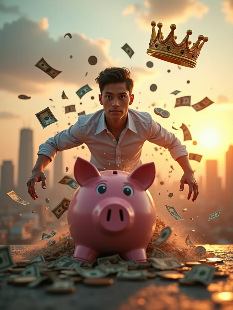A determined young entrepreneur bursting out of a piggy bank, shattering it into pieces. Dollar bills and coins explode outward. Off-screen, a gleaming golden crown hovers. Background shows a city skyline at dawn. Hyper-realistic, dynamic lighting, K resolution.