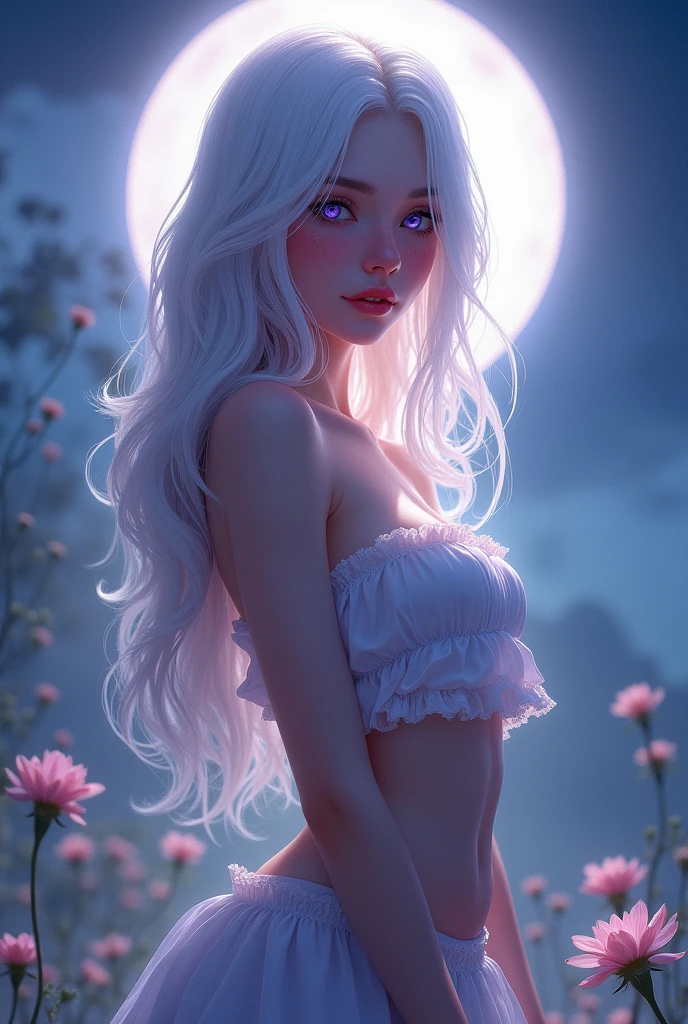 realistic 1girl white hair purple eyes glowing eyes crop top skirt parted lips blush night flower Sun sunlight bigboob