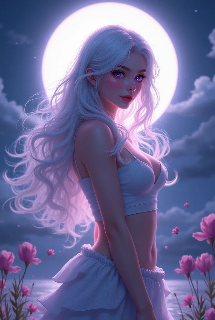 realistic 1girl white hair purple eyes glowing eyes crop top skirt parted lips blush night flower Sun sunlight bigboob