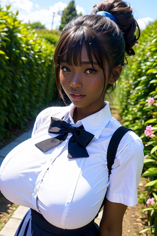 (Highest quality, 8k, 32K, masterpiece, Ultra-high resolution:1.2), Cute Japanese Girl, (Huge breasts:1.5), Long black hair,ponytail, bangs, (school uniform), Tight waist, (Outdoor, garden, blue sky),(high school girl), (dark skin:1.2)