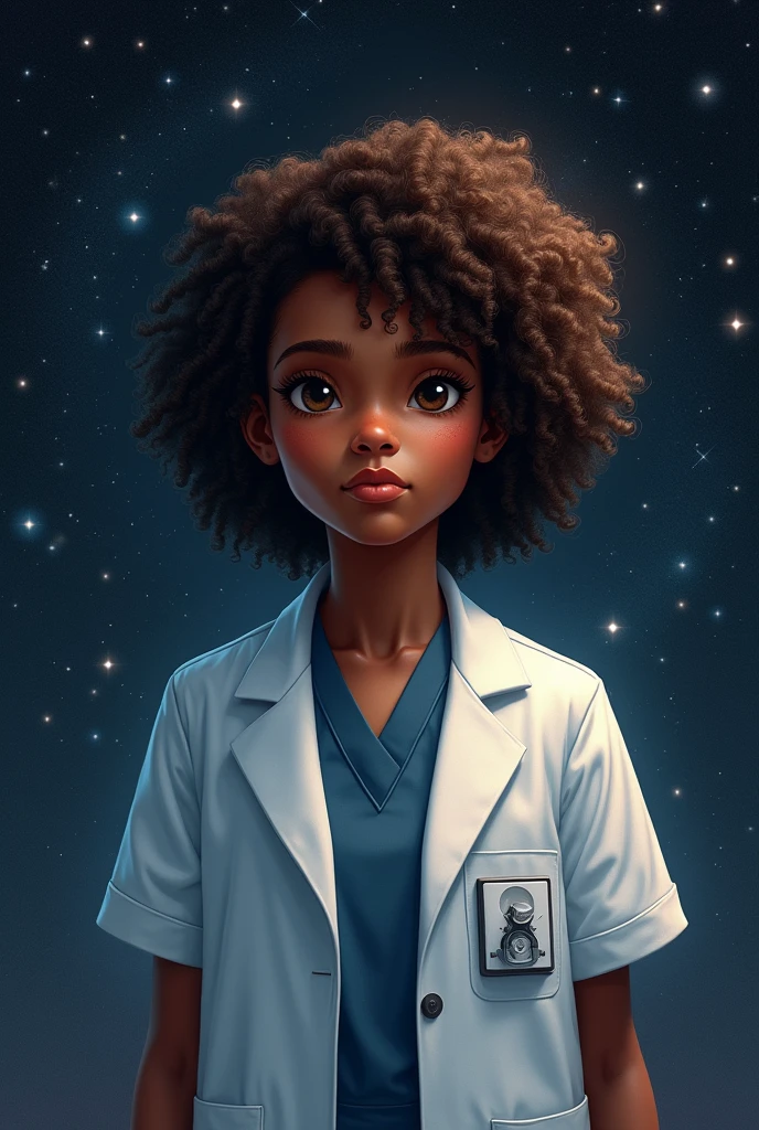 A dark skin color, brown curly hair, brown eyes in a doctor&#39;s uniform. The brightness of distant stars 