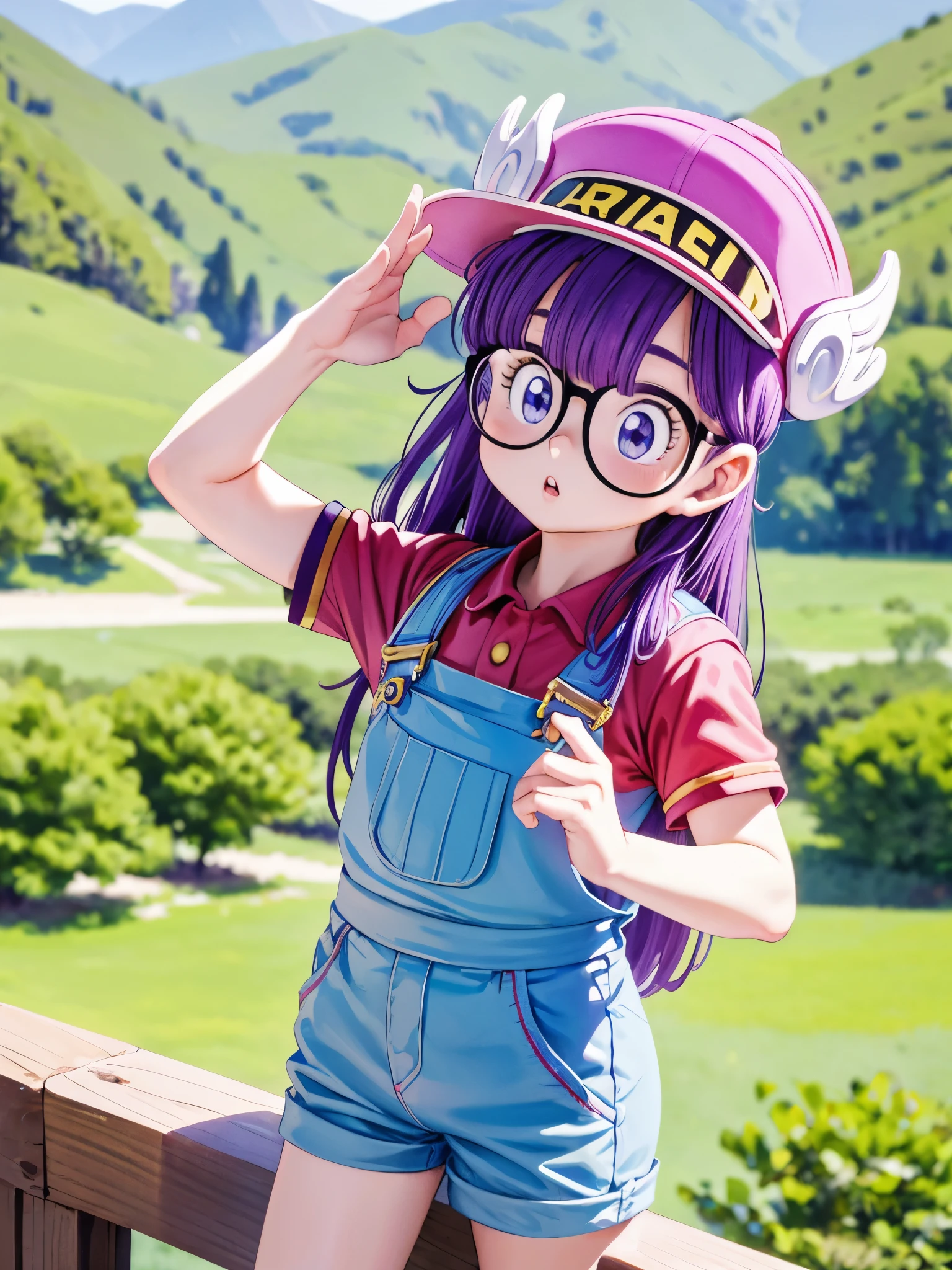 masterpiece, highest quality, Very detailed, 16k, Ultra-high resolution, Cowboy Shot, Detailed face, Perfect Fingers, One  girl, Garden of the mansion, arale, glasses, blue eyes, long hair, purple hair, short sleeves, hat, cap, red shirt, blue overalls