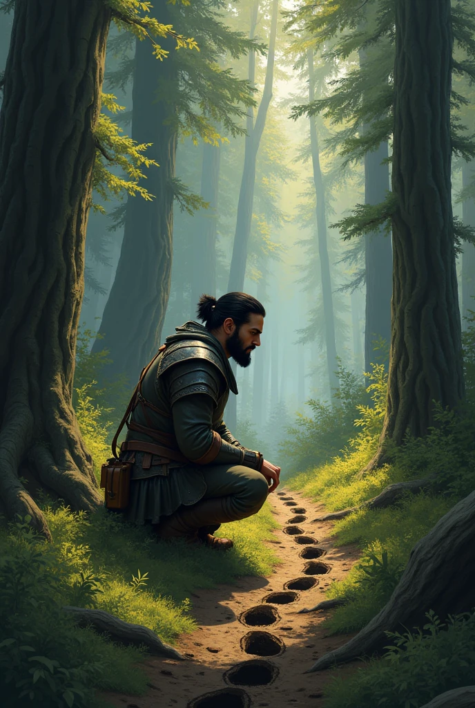 a lonely medieval soldier, shoulder length black hair, ponytail hairstyle, short beard, On knees, tracking bear tracks, in a deep forest
