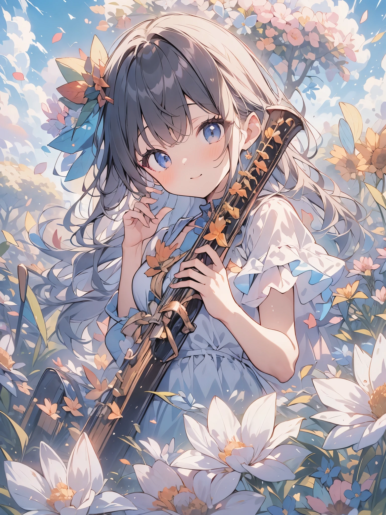 Highest quality、Highest quality、Ultra-detailed、(masterpiece:1.2),Very absurd、4K,8k,mysterious、Girl playing the flute、cute、Flower Field、The sunlight shines in and the petals fly up、Blue sky