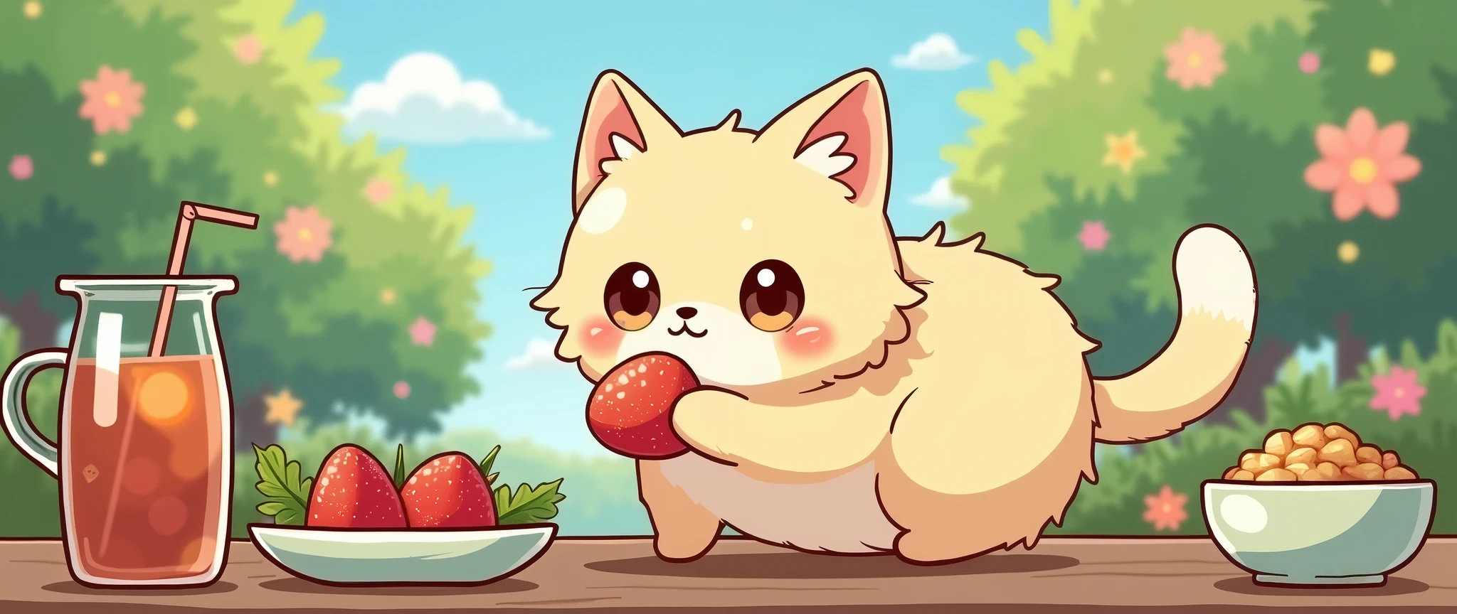 masterpiece,best quality, Kawaii Cat Eating, Studio Ghibli Inspired