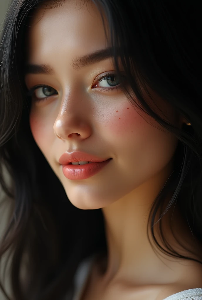 Femme 30 ans, cheveux long et noir, lisse, Des yeux bleu clair et gris, des taches de rousseurs, peau légèrement bronzé, cils long, bouche pulpeuse et rose, souriant en regardant en bas.