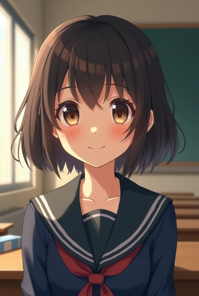 Highest quality, Face Focus, Soft Light, Ultra-high resolution, (Realistic:1.4), RAW Photos, 1 Japanese girl, alone, cute, (A shy smile:0.5), (Brown eyes, Light in your eyes), Beautiful face in every detail, (Small box),(High resolution detail of human skin texture), (Short Bob Hair), break, In the classroom,Navy uniform, Best, skirt