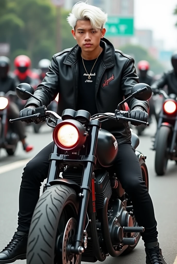 seorang pemuda tampan umur 17 tahun wearing a black jacket berambut putih, wearing a black jacket. riding a motorbike. wearing red adidas shoes, displays "MINGKAK" on his clothes. Budi beside his motorbike, secoopy, beat, my, spin, Aerox , ninja juPiter supra, full pariasai, very complicated modification, thick motorcycle tires.red light font