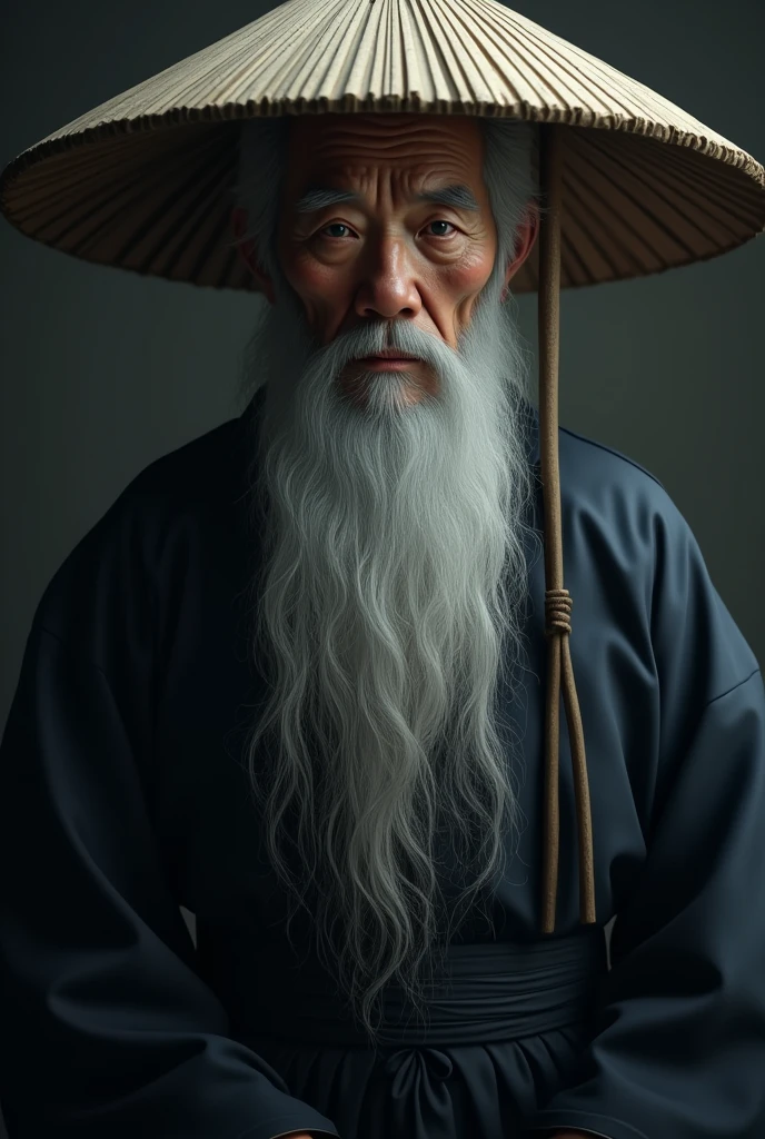 An old man with a long white beard and wrinkles, wearing a large Japanese hat, wearing traditional Japanese clothing from the neck up, wearing black clothes, and looking dignified.々Beautiful dark background
