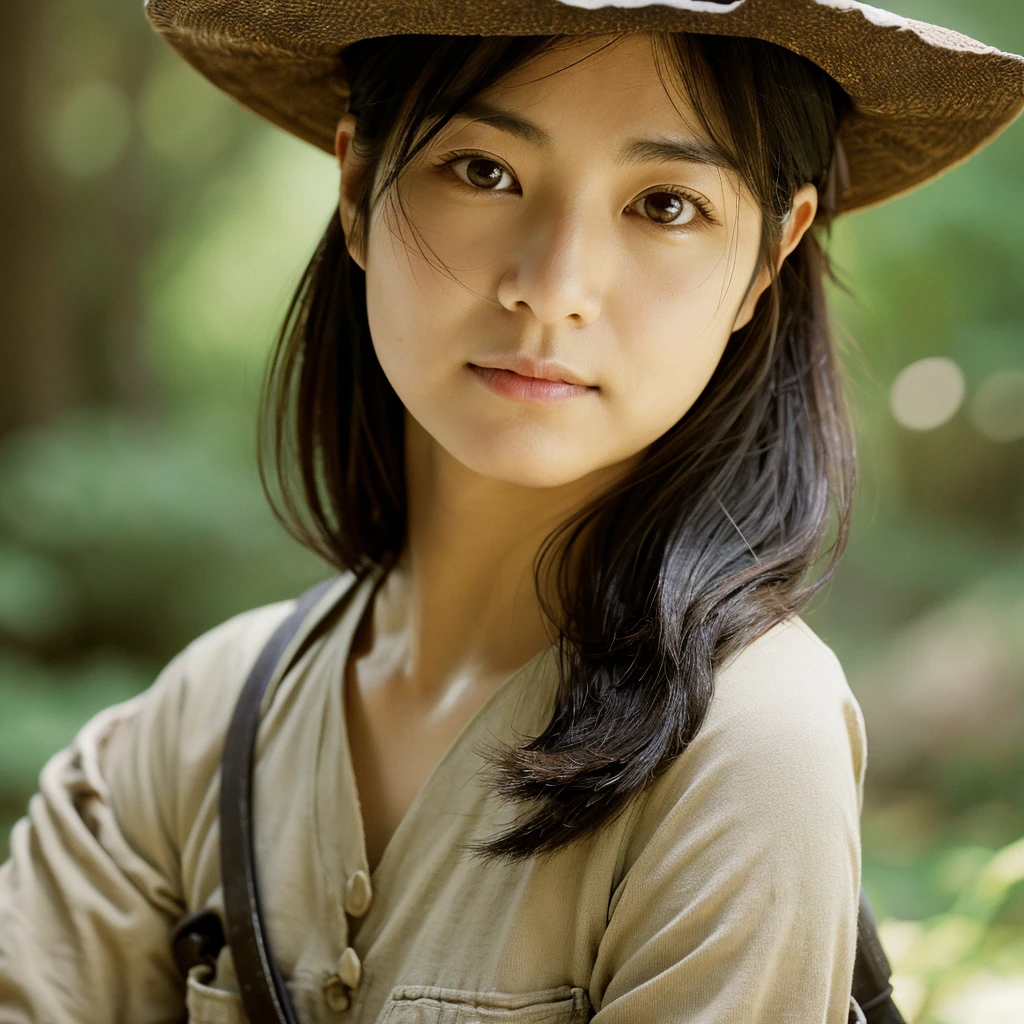 . "Environmental portrait of a Japanese female archaeologist in her 20s, slight asymmetry,oval face, curious almond eyes, small nose, lips curved in concentration, wavy black hair escaping from under a wide-brimmed hat, slender figure in khaki shirt and cargo pants, kneeling to brush dirt from an ancient artifact,Slightly tousled hair"
