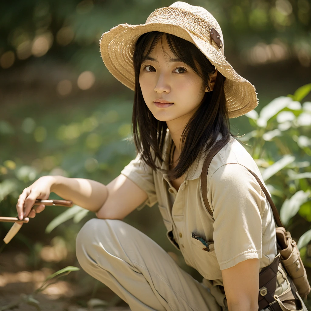 . "Environmental portrait of a Japanese female archaeologist in her 20s, slight asymmetry,oval face, curious almond eyes, small nose, lips curved in concentration, wavy black hair escaping from under a wide-brimmed hat, slender figure in khaki shirt and cargo pants, kneeling to brush dirt from an ancient artifact,Slightly tousled hair"