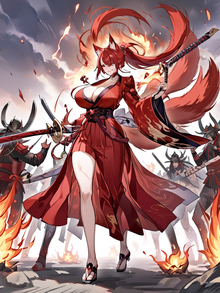 8K Best quality Masterpiece Long red ponytail Red fox ears Nine fox tails Very large breasts Red eyeshadow on lower eyelids Five fingers Alluring Japanese style Kimono Wearing a red jacket Long hakama Toned body Flame hell Red-hot Japanese sword Fighting Burning background Drawing a sword Samurai Fighting with a Japanese sword One-sword style Flame hell Wrapped in lightning Wrapped in flames Alluring Little exposure Kimono Long skirt