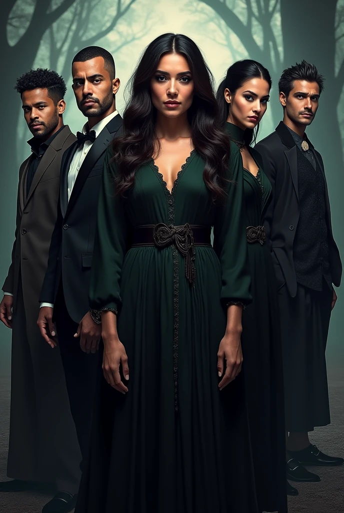 Voici les informations détaillées pour la création de l'image de couverture intitulée **"Les Secrets de Magnolia Bay"**. Cette image doit s'inspirer des styles promotionnels de **"Devious Maids"** et **"Desperate Housewives"**, tout en intégrant des éléments de **"Charmed"** et **"Twilight"** pour une ambiance mystérieuse et semi-réaliste. L'image doit avoir des tons sombres et énigmatiques, représentant la ville de Magnolia Bay en arrière-plan.
### Composition et Personnages
1. **Centre de l'image**:
- **Ezra** : Elle doit être placée au centre. Brune aux cheveux ondulés, avec un maquillage simple et des lèvres brillantes. Origine turque, elle porte une robe traditionnelle turque, qui contraste légèrement avec les autres personnages par ses tons plus clairs. Son style est classique et élégant, avec une présence centrale forte.
2. **À gauche d'Ezra**:
- **Louis** : Placé à l'extrême gauche, avec une coupe buzz cut décolorée. Son style est décontracté, inspiré du rappeur Naps, avec un look urbain et moderne. Il est d'origine marocaine.
- **Yasser** : Juste à côté de Louis, Yasser a les cheveux bouclés et noirs. Il porte une tenue traditionnelle marocaine, reflétant son héritage culturel.
- **Kenan** : Placé à droite de Yasser. Kenan est musclé, avec une coupe courte et des cheveux ondulés noirs. Son style est sportif, en survêtement, et il est d'origine turque.
3. **À droite d'Ezra**:
- **Zahra** : Juste à côté d'Ezra, Zahra est métisse avec des cheveux bouclés. Son style est inspiré de Clawdeen Wolf, avec des tenues en cuir noir et violet, agrémentées de motifs animaux. Originaire de Djibouti, elle incarne une énergie féroce et rebelle.
- **Sharone** : À côté de Zahra, Sharone a un style gothique. Elle a les cheveux noirs, une peau pâle et porte des vêtements sombres, avec des touches d'élégance morbide.
- **Manel** : Placée à l'extrême droite, légèrement en retrait pour accentuer la profondeur de l'image. Manel a une apparence plus mystér