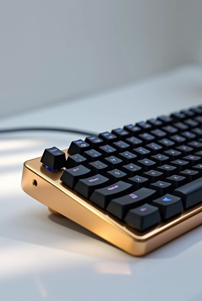 Wooting 60he with gold case, low and thin and black keycaps and the blue switches appearing