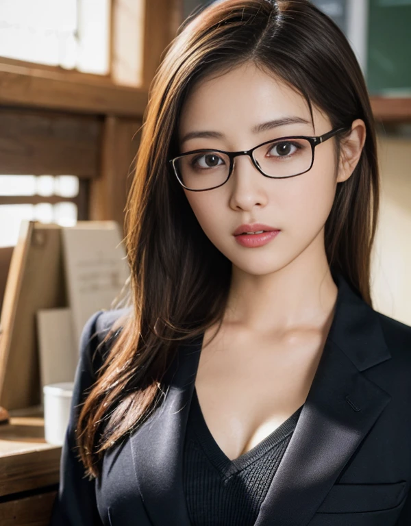 Tabletop、(masterpiece:1.3), (8k, Photorealistic: 1.4, RAW Photos, Best image quality: 1.4), Japanese Idols、Super detailed face、Attention to detail、Genuine、 double eyelid、Big and attractive eyes,Perfectly beautiful eyes、 Sharp focus:1.2、Beautiful woman:1.5、 Light brown hair、 Highest quality、masterpiece、Ultra-high resolution、Depth of written boundary、Perfect Shadow、(Photorealistic:1.4)、 Highly detailed and professional lighting、 Perfectly shaped、Symmetrical face、beautiful girl,Sharp focus, Perfect Anatomy,Realistic Light、business suit、skirt、classroom、Large black-rimmed glasses、realistic glasses、mole under the corner of the eye、