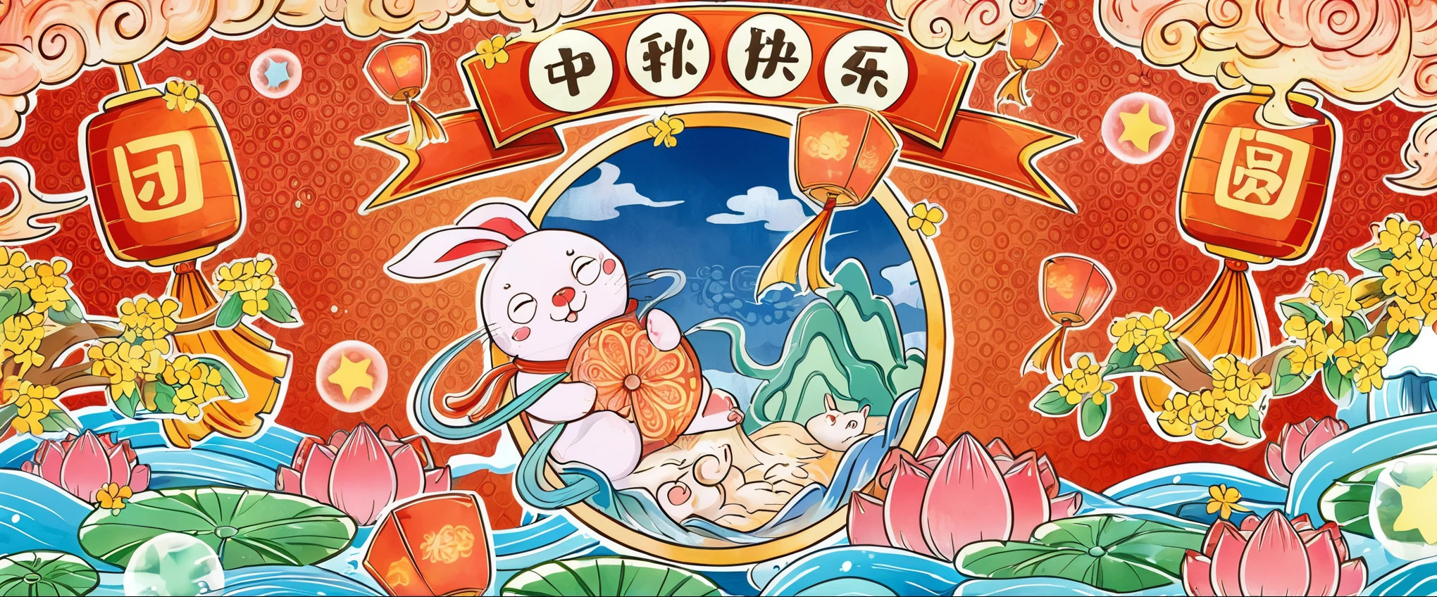 there is a rabbit that is sitting in a boat with a fish, hand painted cartoon art style, a beautiful artwork illustration, 千 葉 雄 大, 中 元 节, large view, higher detailed illustration, stylized digital illustration, chinese watercolor style, official artwork, detailed digital illustration
