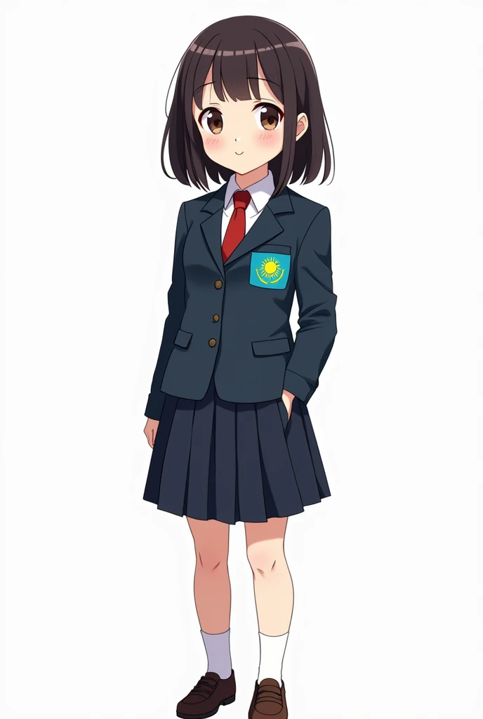 ((officially)) ((masterpiece)) ((Best quality)) ((detailed)) cartoon schoolgirl in school uniform with emblem flag of Kazakhstan on pocket on white background in full growth
