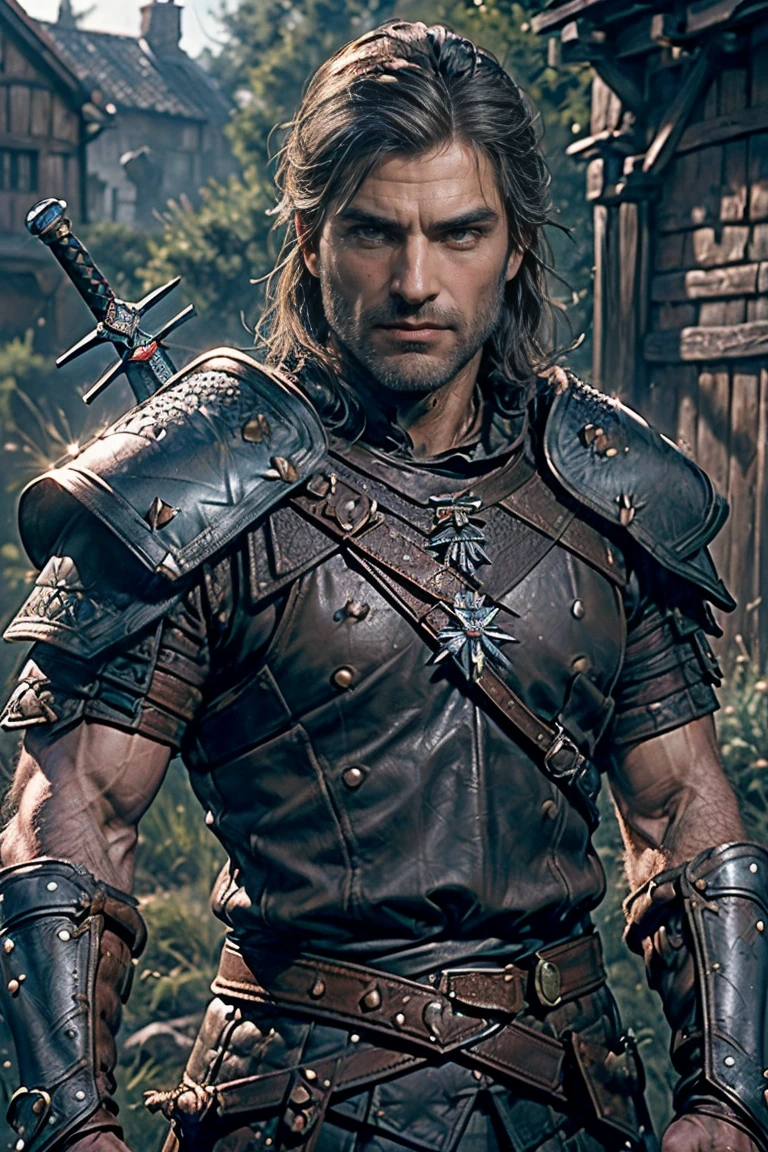 ((masterpiece, Highest quality, Best image quality, High resolution, Realistic, RAW Photos, 8k))、Medieval Europe、drifter、One Man、Middle-aged men、(Sharp eyes、Smirking face)、(Are thin、brown、Short Hair、Stubble:1.2)、(Witcher Armor、Leather Belt、Familiar Sword:1.2)、(((looking at the camera、Upper Body Shot:1.2)))