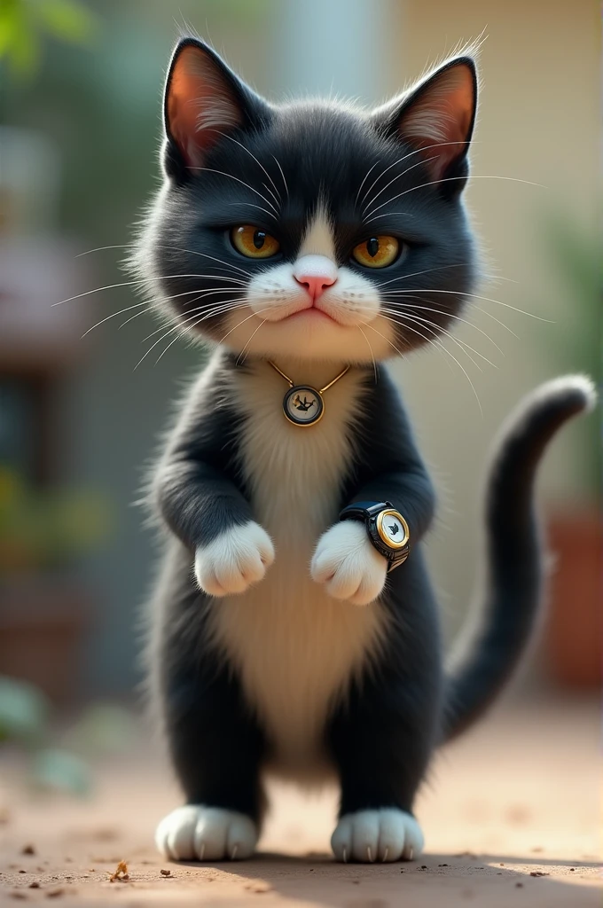 a kitten, on two legs, black and white, a watch with a cat symbol on his hand, a white necklace around his neck, standing in an angry position.