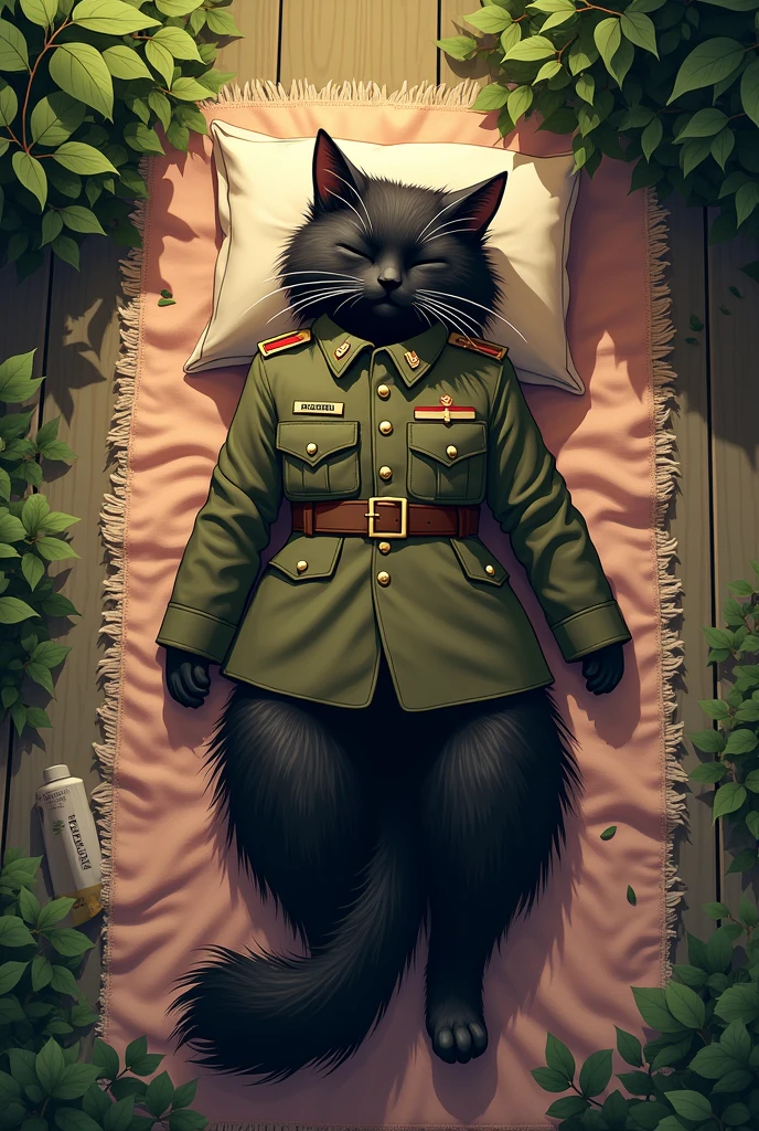 Image 4**: The  died body of the long black army cat  wearing a army dress also has been brought home. It rests on a cozy rug, surrounded by its personal belongings. The setting is a warm, garden of home emphasizing the contrast between the battlefield and home.
