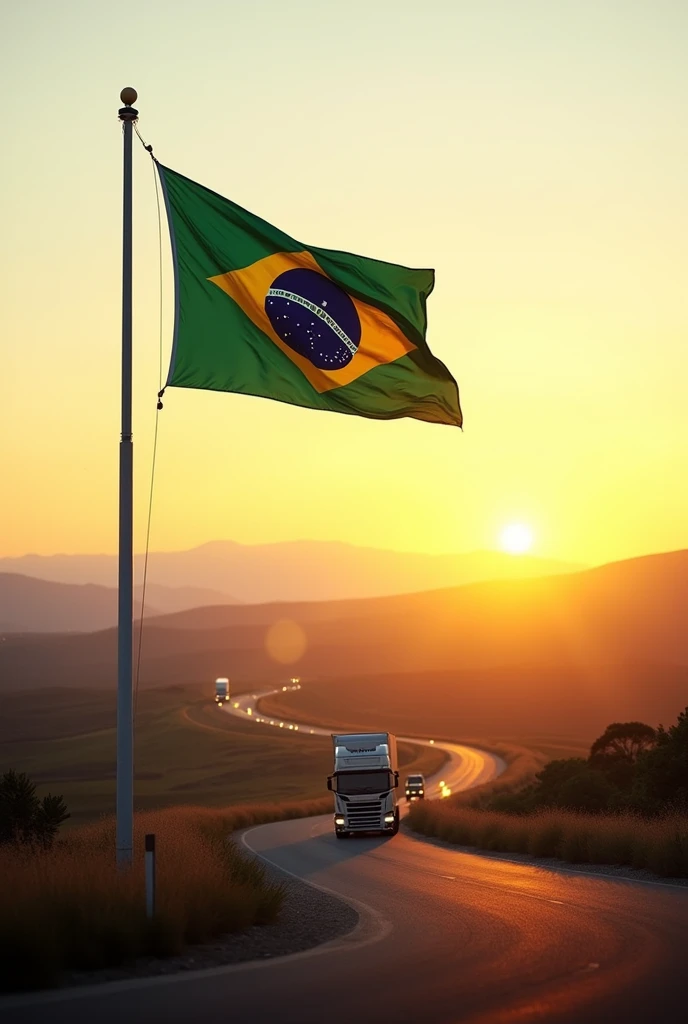  a pole with a Brazilian flag in a landscape with a white to yellowish sunset and on the road with trucks. the image has to be super realistic
