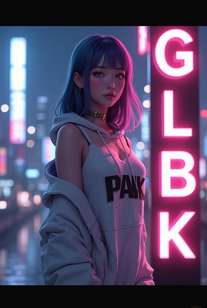 Create anime character; {background: HD capital text: “GLBK” in right-top, night}, white skin, realistic, HDR, beautiful, japan style, full body, J Cup breast, age 27, hoodie HD text: “Paik”, female, color Gradient hair, long hair