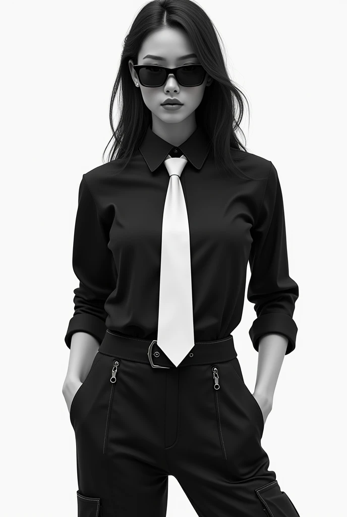 girl wearing tight black shirt with white necktie, sunglasses and cargo pants.