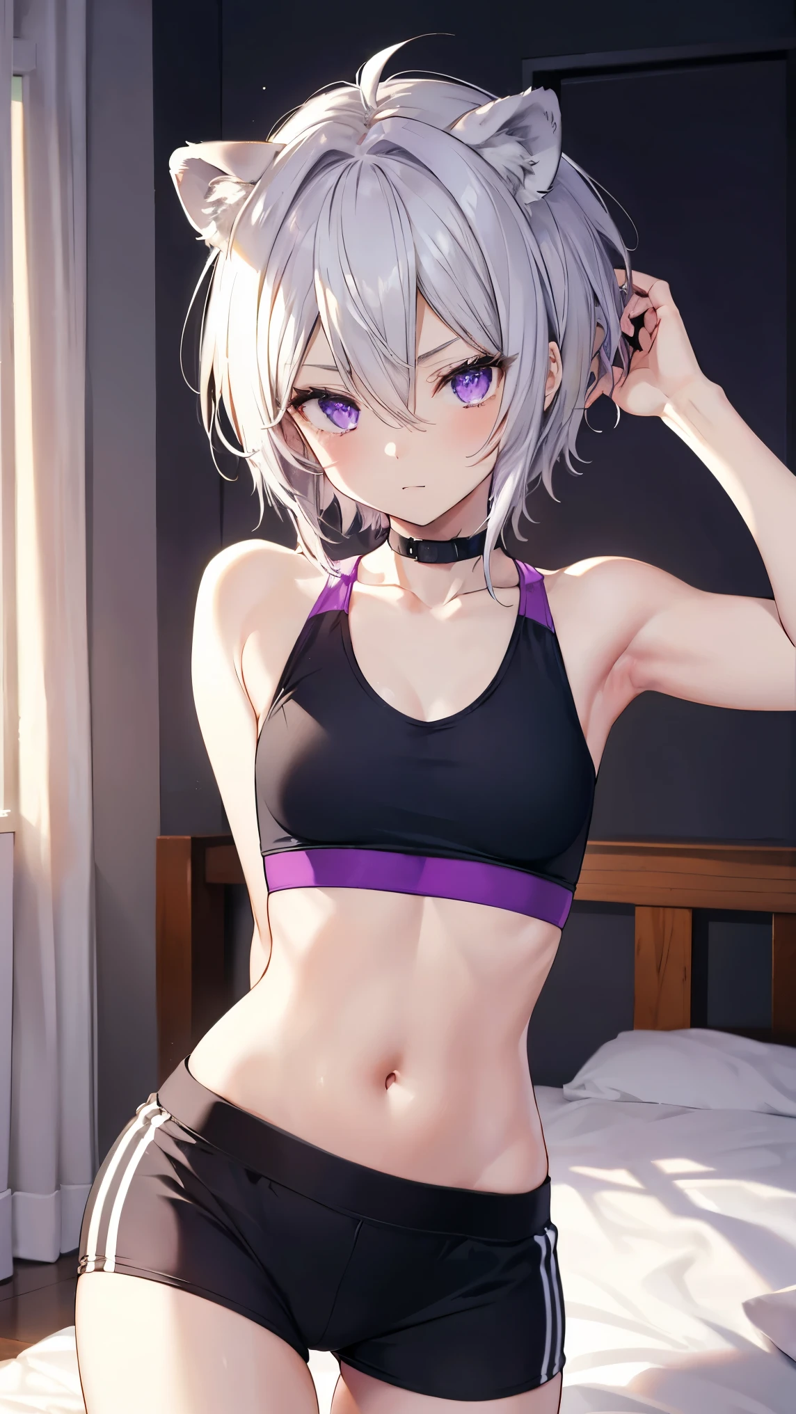 ,Highest quality,Silver Hair,Lion tail,Lion ears,Purple Eyes,Very short hair,Straight Hair,Flat breasts,Slanted Eyes,Sports Bra,Bedroom,On the bed,slender,