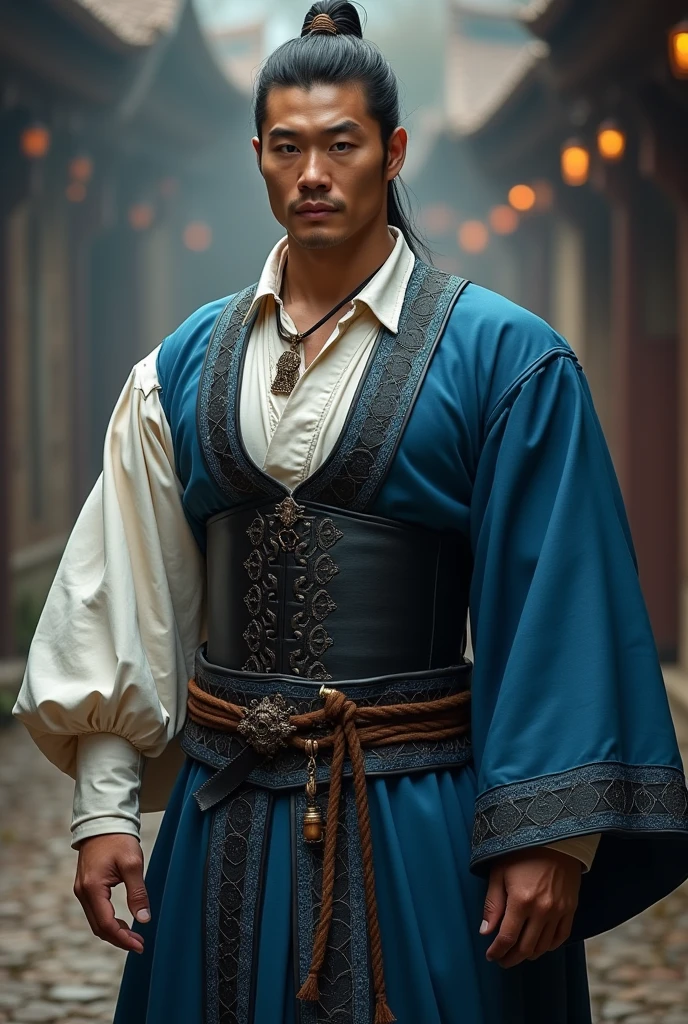 Asian man with broad back, tall dressed in a blue and black corset in the Middle Ages and a white shirt