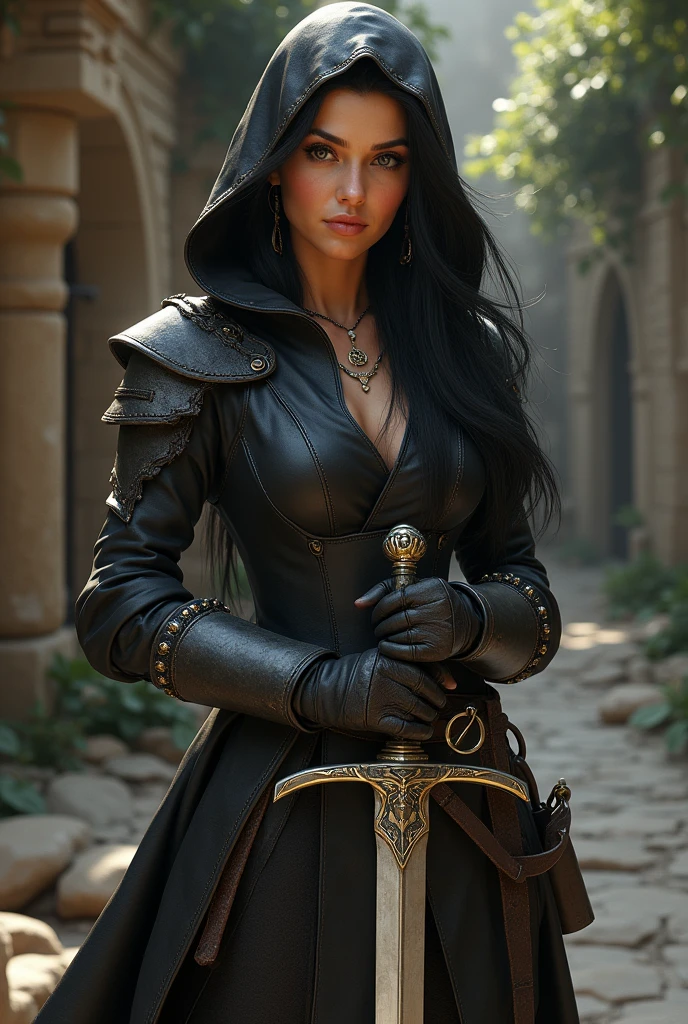 (photorealism:1.2), I want a picture of a human female character with long black hair and a smooth pretty face. She is a rogue in D&D so is wearing leather armor and has a rapier in her hands. THe picture is taken from the waist up in a medieval setting Realistic looking 