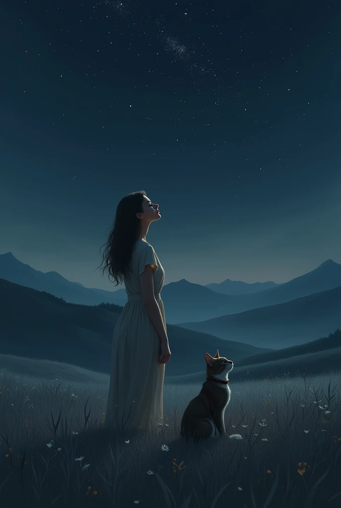 A woman standing in a fieldb looking at the stars with  a cat