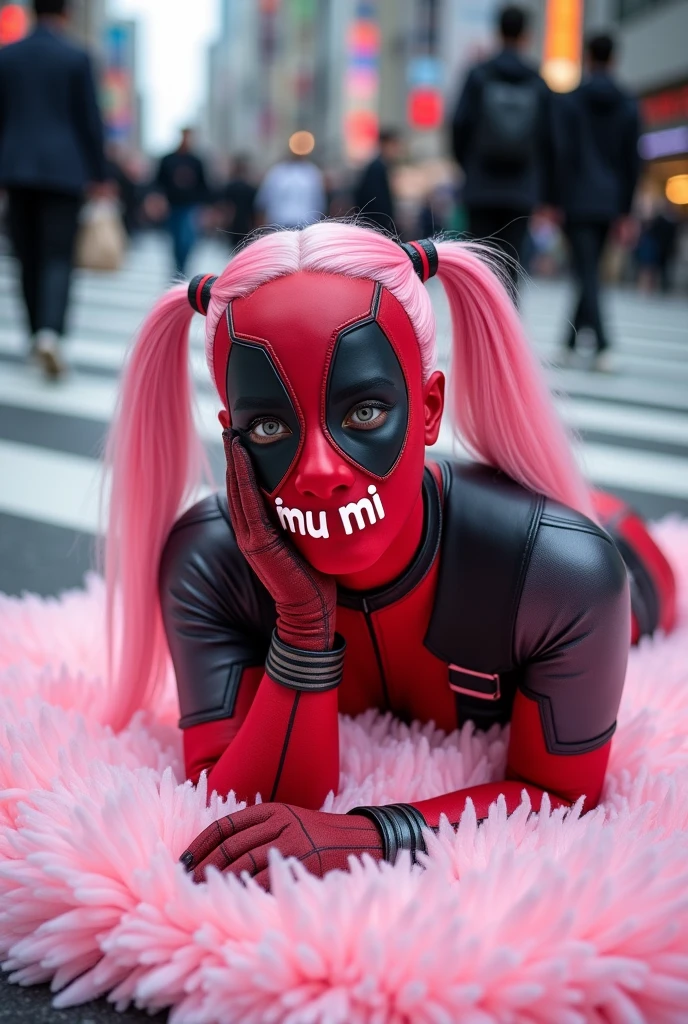((Highest quality)), ((masterpiece)), (photograph), ((40 years old)), ((Japanese women)), ((Deadpool costume and mask)), (((The word "mu mi" is written in white letters on the mouth.))), Deadpool woman with pink hair and twin tails, Lying on a fluffy pink bath mat at Tokyo's Scramble Crossing, Surrounded by passers-by, (from side),
