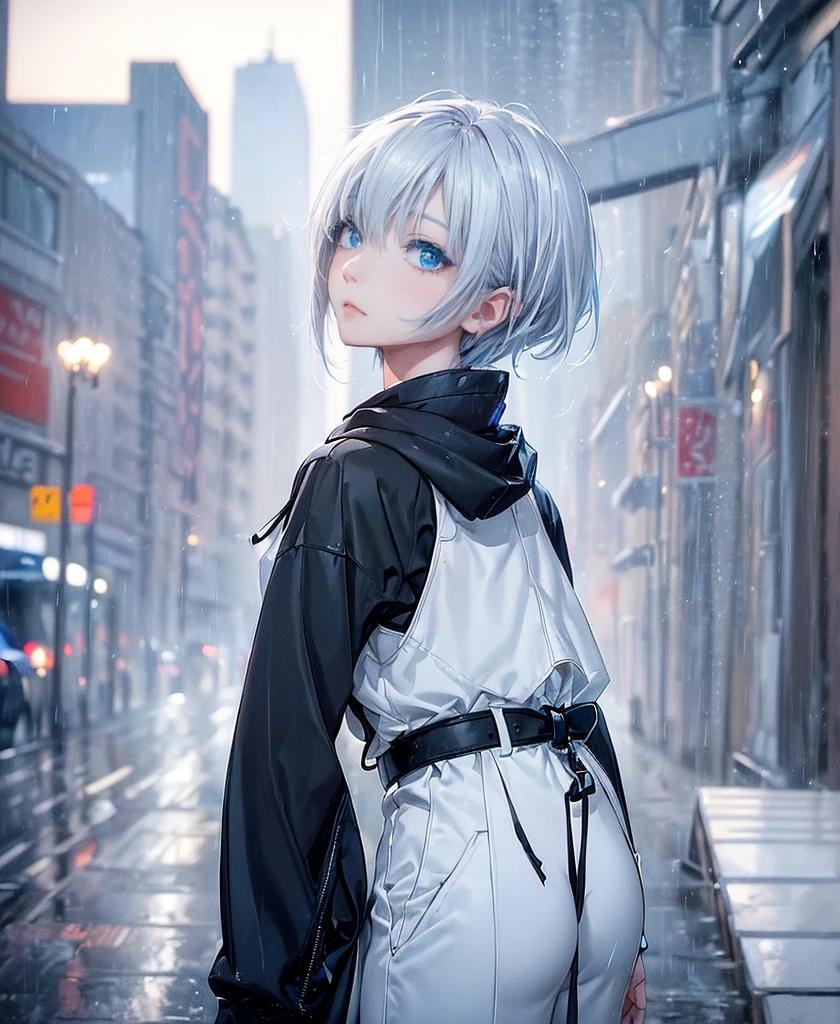 ((4K Works))、masterpiece、(Highest quality)、One beautiful girl、The body is slim、expensive、((Black Y-shirt and white pants、Charming street style))、Please put on a jacket.、Wearing a hood to hide his face、(Beautiful eyes in every detail)、Morning City、((Rainy Town))、Fashionable city with morning rain、During a walk、((Face similar to Carly Rae Jepsen))、((short-haired gray hair))、((Makes your face smaller))、((Neutral face))、((Bright Blue Eyes))、((American adult women))、((Adult female, 2))、((Cool woman))、((Like a celebrity))、((A lonely look))、((Korean Makeup))、((elongated and sharp eyes))、((Happy Date))、((boyish))、((Upper body photo shoot))、Professional photos、((Model Photo))、((Shot alone))、((She is under the roof))、((Look up at the sky))、((Shooting from behind))、((She is looking upwards))、((Her eyes are looking up))、((Increase the angle of the face))、((She is walking in front of the viewer))