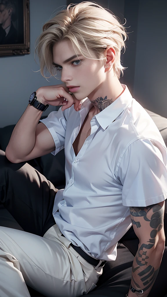 - Create a boy- He wears a formal white shirt- Formal black pants- Has a tattoo on his arm- He wears a watch on his left hand- He has hair,Tousled waves- He has broad shoulders- He has a slim figure- He has a muscular body- Silver blonde hair- His complexion is pale- Bright blue eyes- Smoke coming out of his mouth- His personality should convey sadness and loneliness- Sharp eyes- Attractive face- Angular and thin jaw- Sitting on the bed in the bedroom at home
